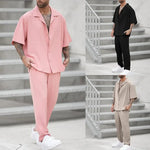 Load image into Gallery viewer, Summer Men's Sets Clothing Casual Loose Lapel Button Shirt And Pants Sets Solid Short Sleeve 2 Pcs Suits For Men Leisure Outfits
